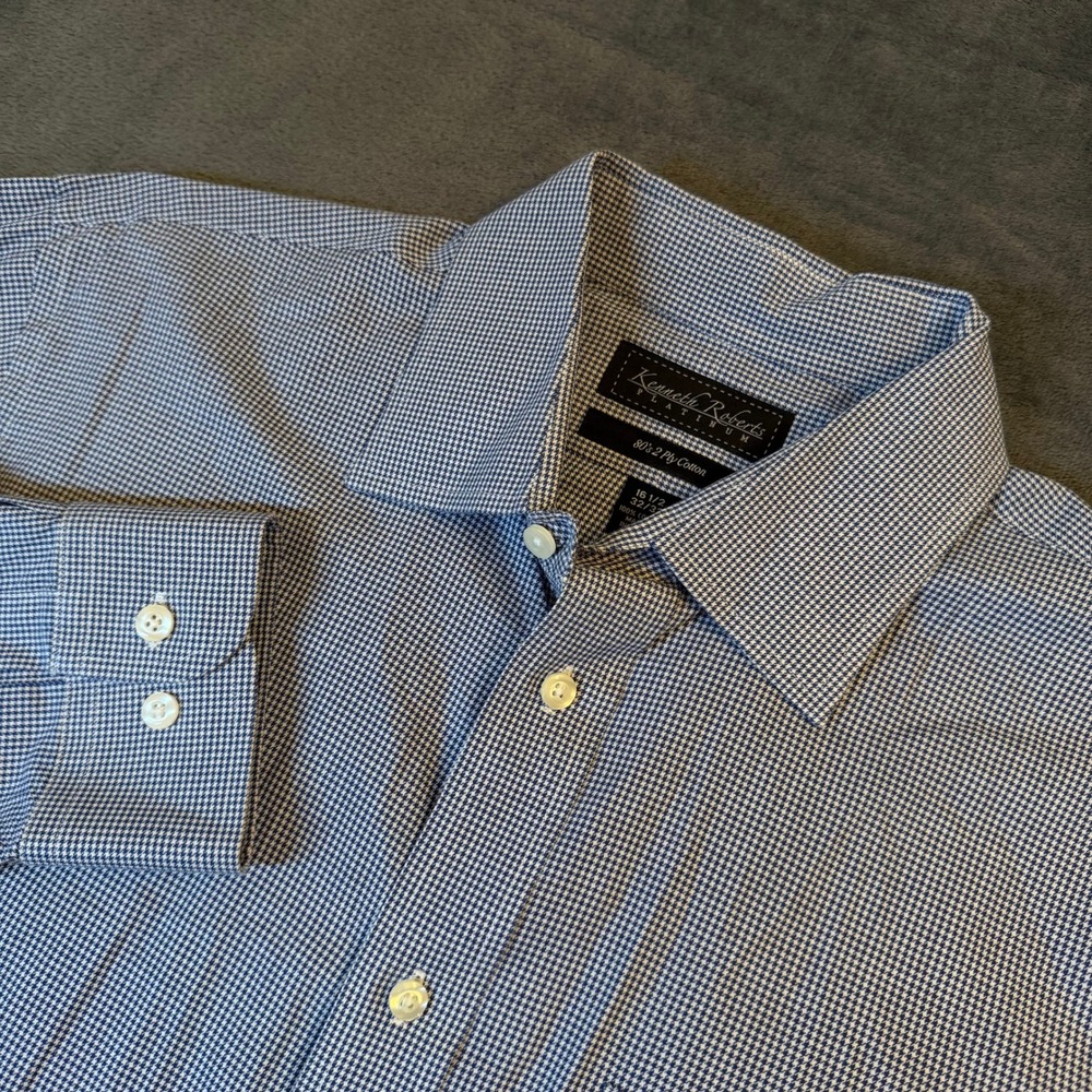 Kenneth Roberts Platinum Dress Shirt Mens 16 1/2 32/33 Blue Check Long Sleeve
